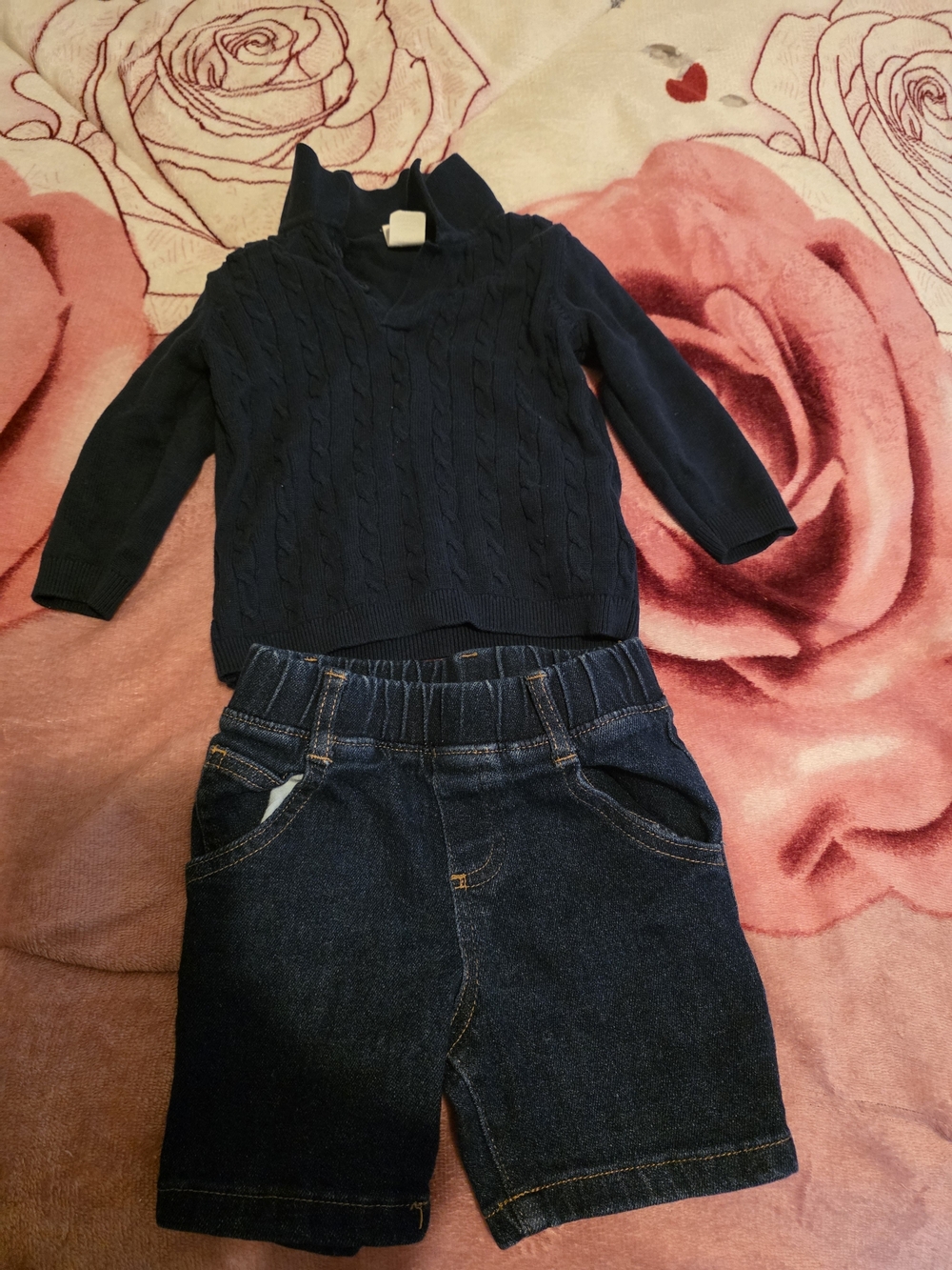 Toddler Navy Cable-Knit Sweater with Dark Denim Shorts